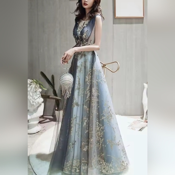 Blue, V Neck, Case Up, Ball Gown - Picture 15 of 16